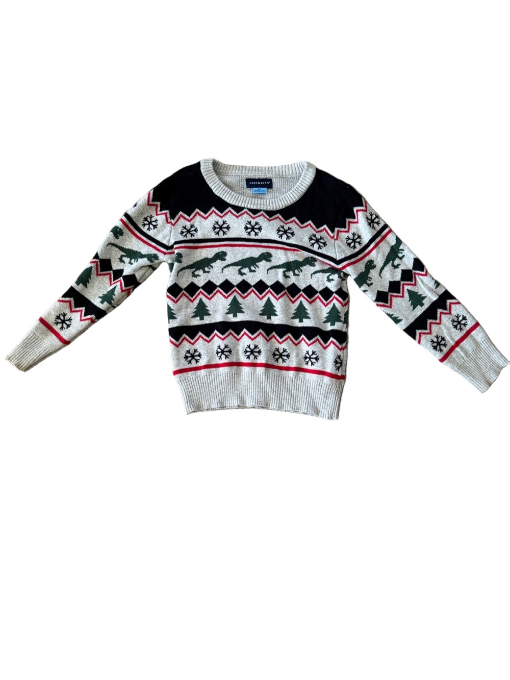 J. Crew Ivory Crewneck Dino Fair Isle Sweater with Green and Black Accents